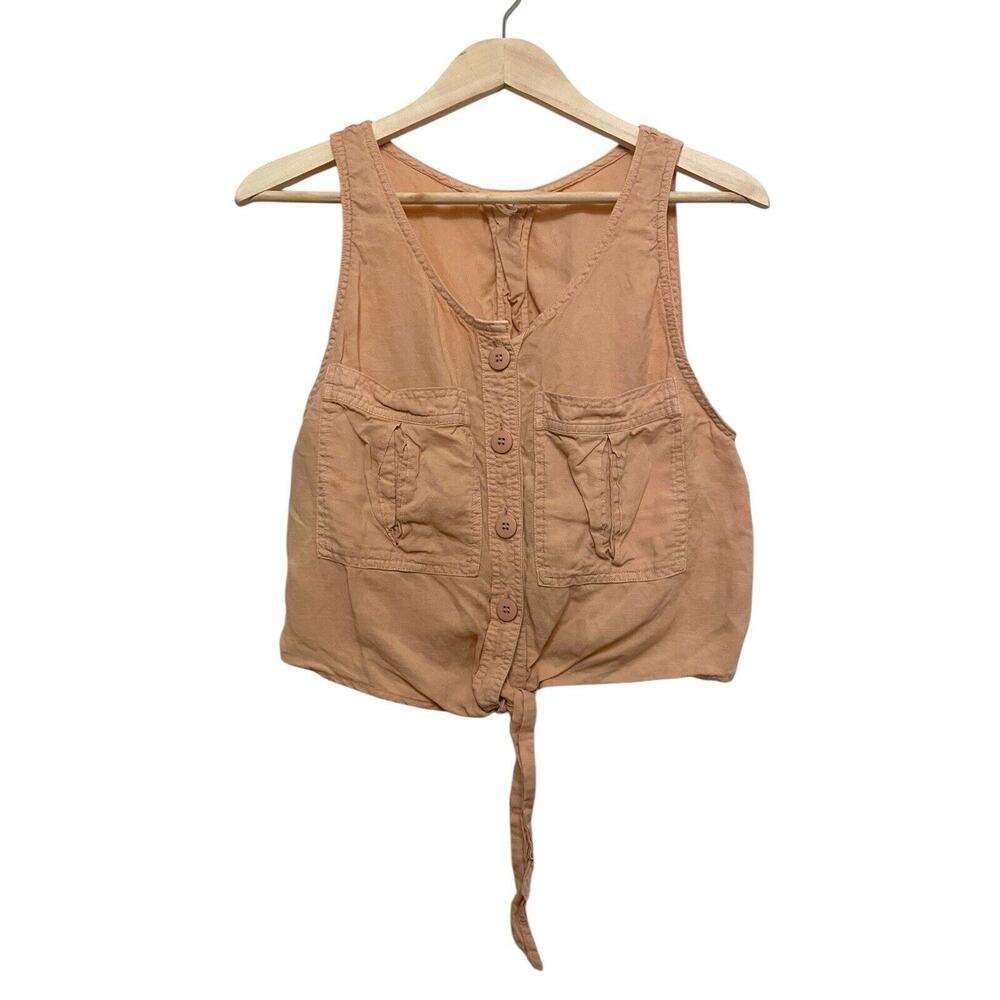 Free People Linen Sleeveless Blouse Top Women Size Small Tie Front Boho Beige